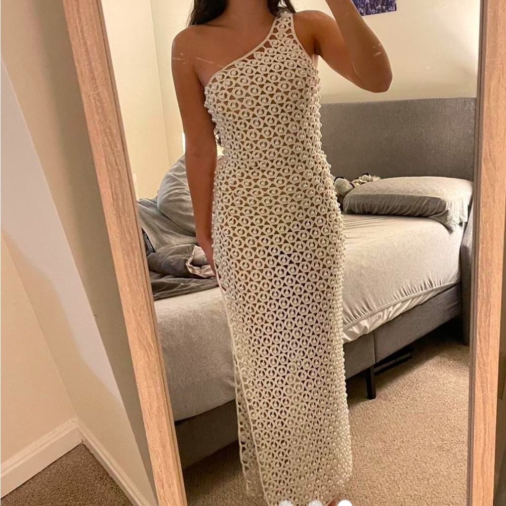 One-Shoulder Crochet Maxi Dress in Cream